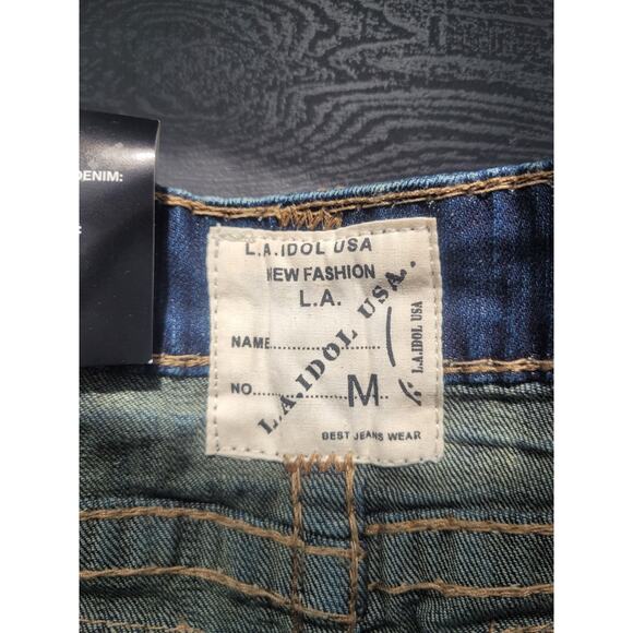 NWT Y2K Denim Low Rise Micro Mini Raw Hem Skirt Sz M Blue Rhinestone Grunge Emo - Picture 3 of 7